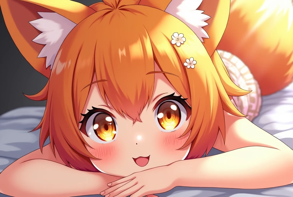 (best quality,photorealistic:1.2),Misty from Pokémon as a neko,illustration,soft pastel colors,anime style,medium fur texture,beautiful detailed eyes,long eyelashes,cute neko ears,playful expression, orange hair, blue eyes, nude