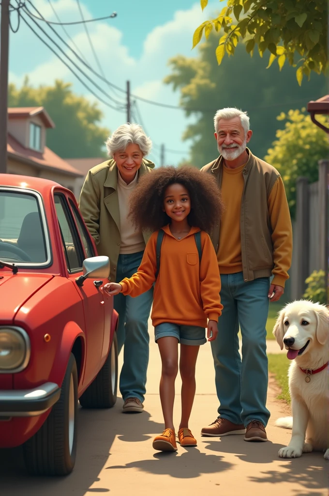 Mom and Dad , with two daughters and a small white dog on a walk in a blue van