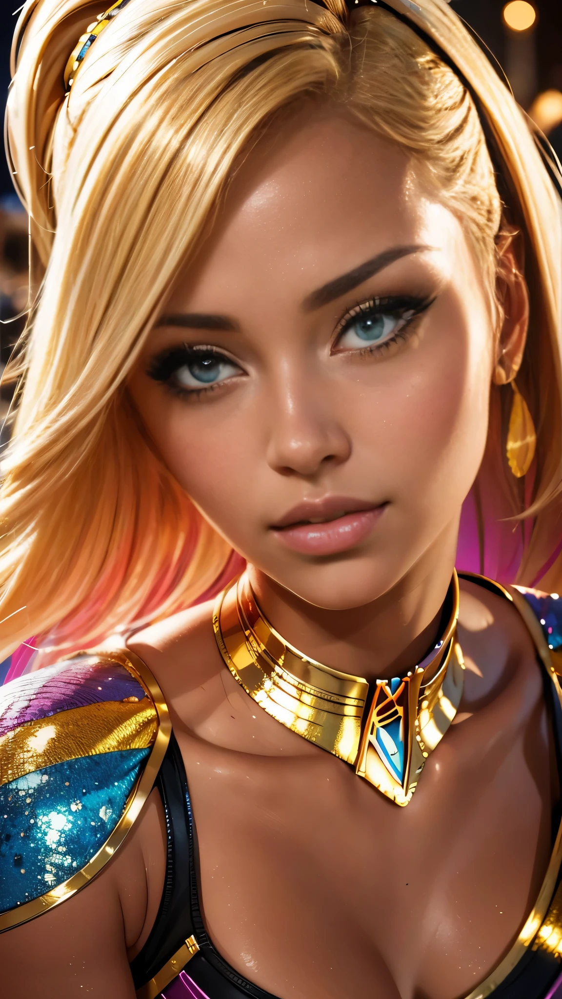 beautiful blonde woman, cel shading cartoon comic style, bold vibrant complimentary colors, glitter glowing outlines, red and gold palette, at the favela slum, hyper detailed, portrait stunning oil painting, sharp focus, photorealistic, best image