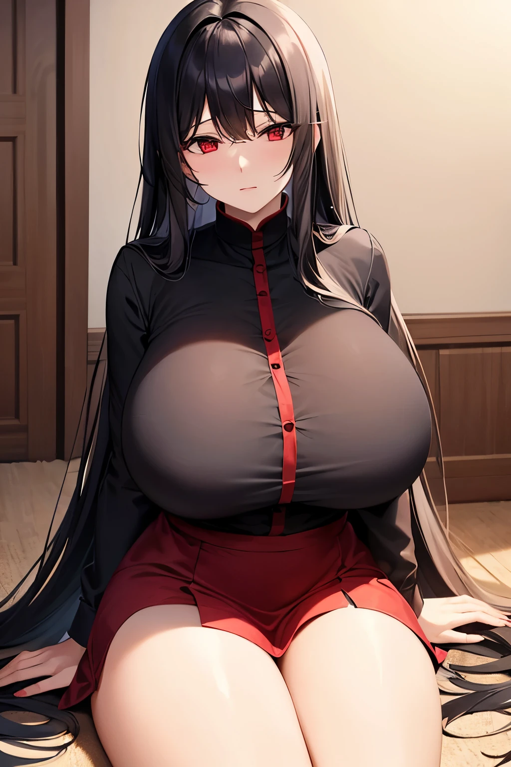 (NSFW:0.5),(8K, RAW photo, highest quality, masterpiece: 1.2),long black hair,dull bangs, toothy smile,Bedroom,(spread your legs wide on the bed:1.1),uniform,red jacket,black pantyhose,white shirt,black ribbon,pleated skirt,long sleeve,shining eyes,(Wear a bra:1.1),(white sheer lace panties:1.1),(big breasts:1.5),(your cum on my tits),sexy pose