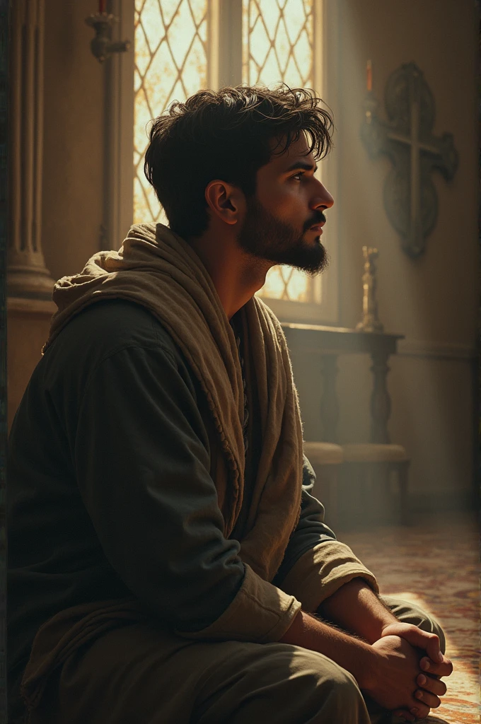 ((best quality)), ((masterpiece)), (detailed), perfect face
"A young King Solomon with white skin and wavy brown hair, dressed in royal robes, kneels in prayer in a grand, ancient room. The background shows a temple with columns and ornate decorations, softly lit by candlelight. Solomon's expression is sincere and focused, reflecting his deep devotion."