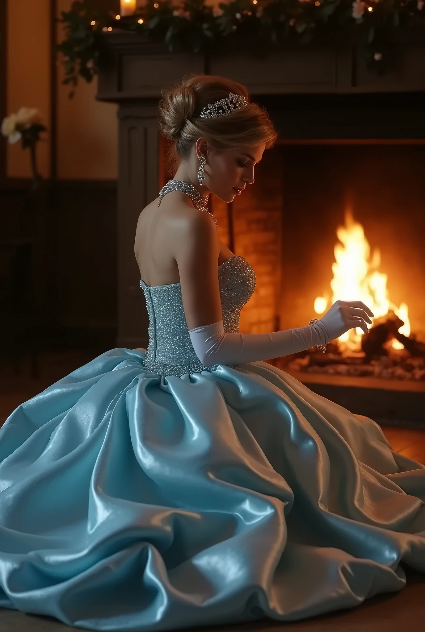Cinderella, dressed still in her sparkling blue satin ballgown, kneels on the stone floor by the fireplace, scrubbing the caked-on dirt and grime with a brush. Her once-gleaming glass slippers are now scuffed and dirt-stained, but she hasn't bothered to take them off, her focus solely on the task at hand. Her hair, once styled in an elegant updo, has come undone, and strands of brown hair fall haphazardly around her flushed cheeks. She still wears her long, white satin gloves, now stained with soot and grime. Her face is smudged with soot and dirt, but her eyes still sparkle with the memory of the magical evening. Her movements are slow and deliberate, as if she is lost in thought, her mind still reeling from the events of the night. She continues to scrub the floor, a small smile playing at the corners of her lips