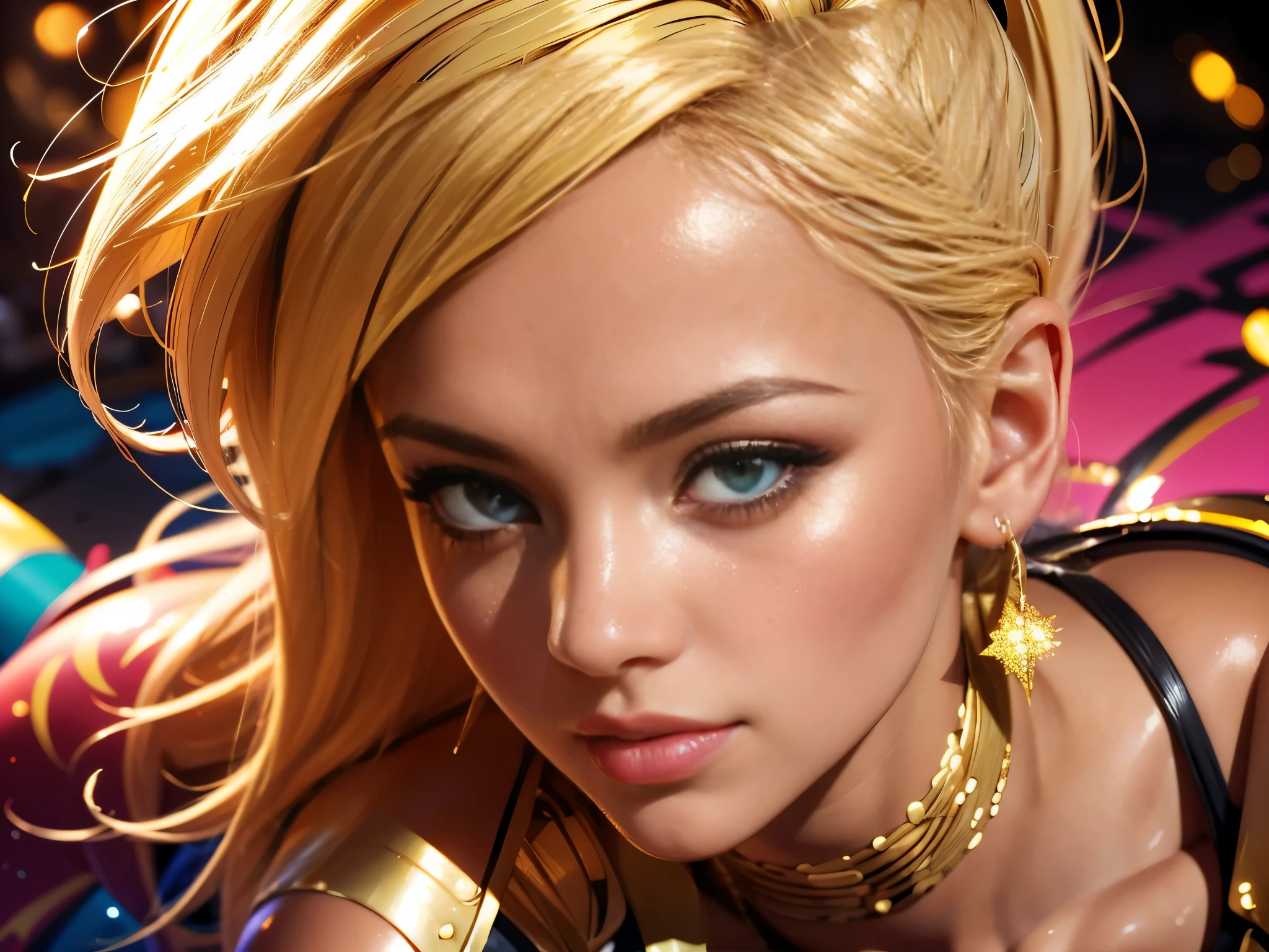 beautiful blonde woman, cel shading cartoon comic style, bold vibrant complimentary colors, glitter glowing outlines, red and gold palette, at the favela slum, hyper detailed, portrait stunning oil painting, sharp focus, photorealistic, best image