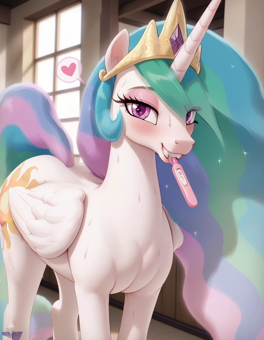 1female horse, feminine, background, blush, feminine, (solo), nude, (sweat), horse tail, feral horse, animal,  long mane, in heat, raised tail, feral celestia, (princess celestia), (alicorn), long mane, large expressive eyes, eyeshadow, (feral horse:1.4), (mature horse), bedroom-eyes, (equine face:1.2), horse face, (adult feral celestia), smile, holding pregnancy test in mouth between teeth, grin, face focus, spoken heart, glancing up at viewer, proud, smug, blender 3d hoovesart,