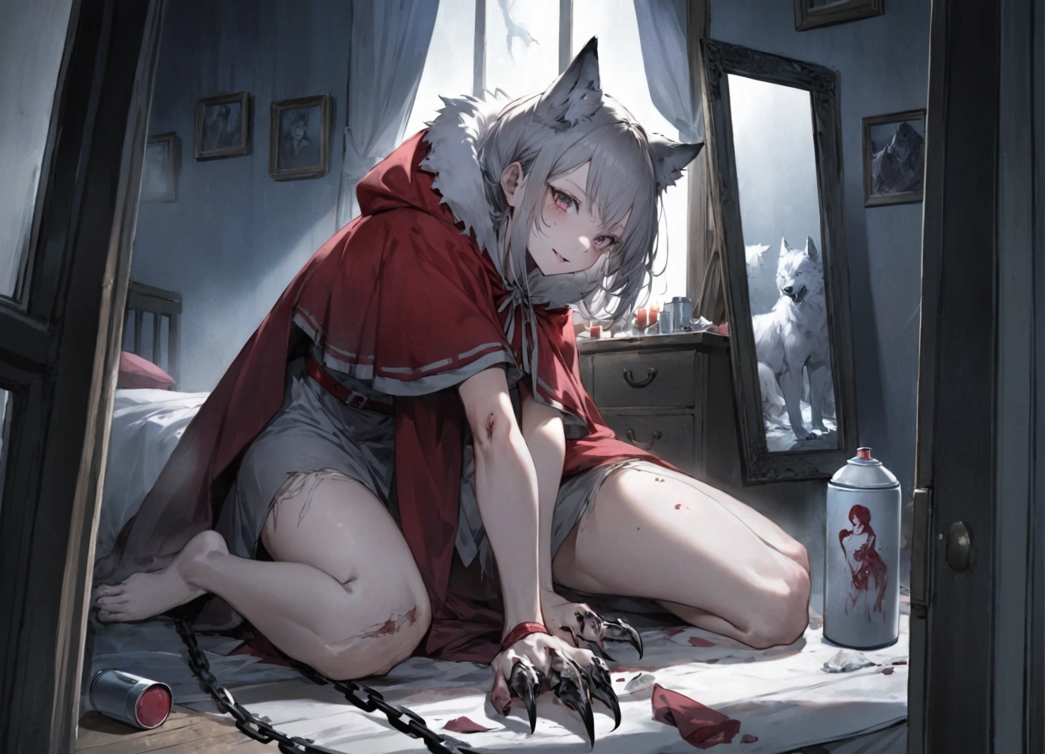 1girl, red eyes in the left eye, blue eyes in the right eye, long white hair, small body, cat ears, rain, Japanese school uniform, clothes stained with blood, bare legs, bare feet, blood stained on the body, bandages on the legs, pistols on the ground, ruins in the background, fire, bullet casings on the ground