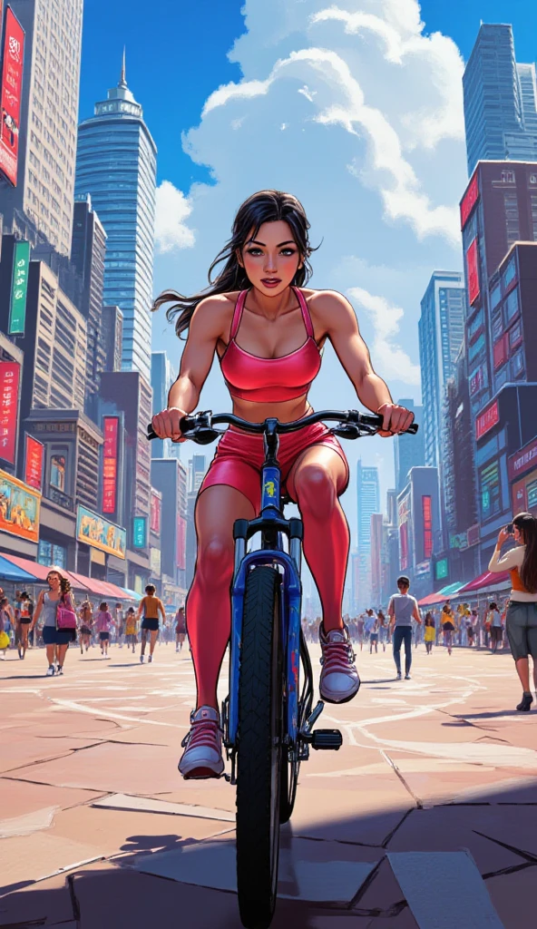  a young korean girl.
dressed in sportswear.
Are you riding a bike in a square.
 full body .
 (Anime style 32K, HDR, UHD, intricate detail, extremely intricate detail, hyperrealistic, extremely realistic, high quality, vivid color, extremely detailed).