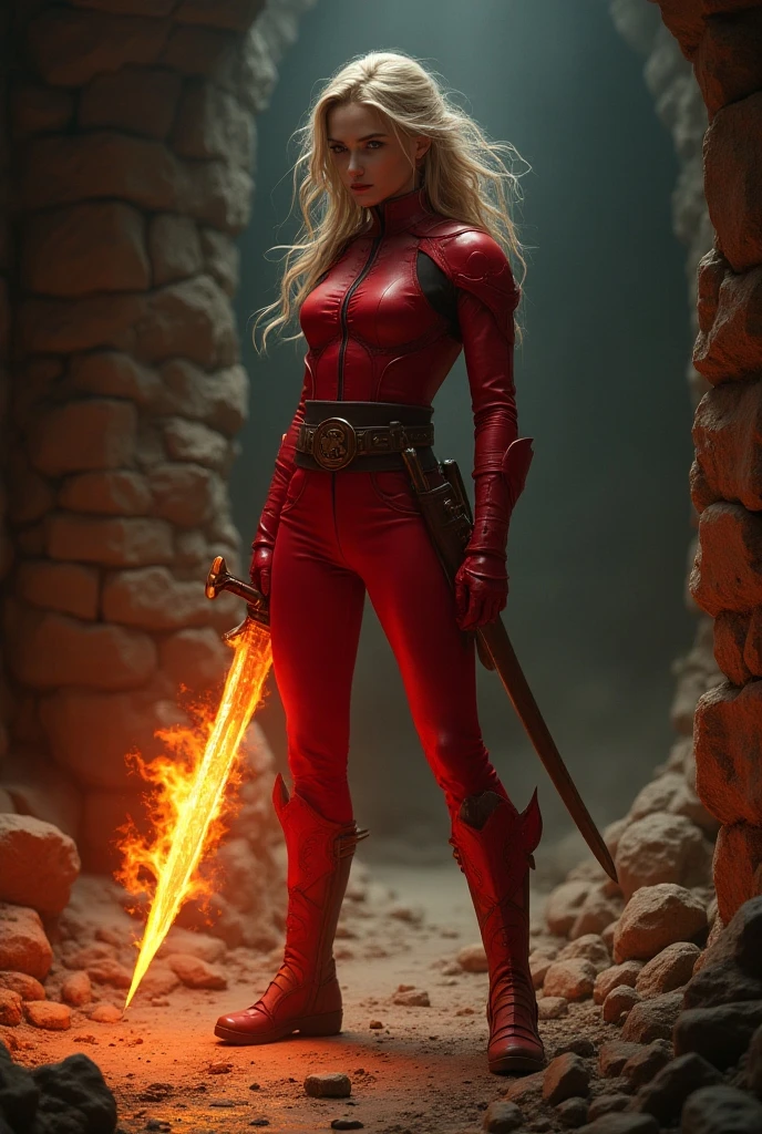 a woman in fighting pose in the woods holding a 2hand sword<lora:Britney WatersLoRA:1> woman, red, outfit, and, hood, holding, sword, (perfect hand), shiny skin, looking at viewer, highly insanely detailed, masterpiece, top quality, best quality, highres, 4k, 8k, RAW photo,