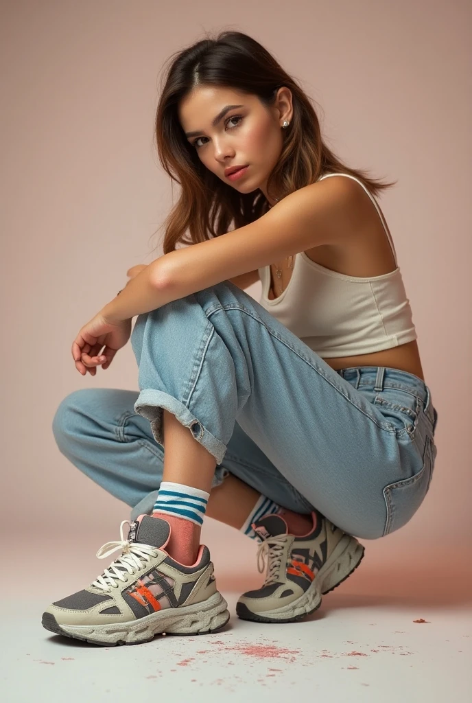 Mejor calidad,4k,8K,high resolution,obra maestra:1.2,ultra detallado,realista:1.37,profesional,vivid colors,masterful lighting,hermosas piernas detalladas,artistic representation,piernas modelo perfectamente formadas,zapatillas deportivas detalladas en blanco y gris, (((fondo rosa))) zapatos derecho e izquierdo