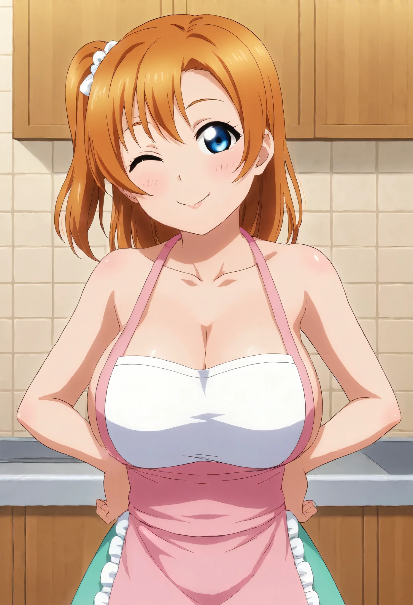 1girl, ponytail, blue eyes, beautiful detailed eyes, extremely detailed face, long eyelashes, love live, kousaka honoka,big breasts, (chocolate on face:0.7), apron, in kitchen , cleavage , wink, cowboy shot , from behind,bare ass, looking back