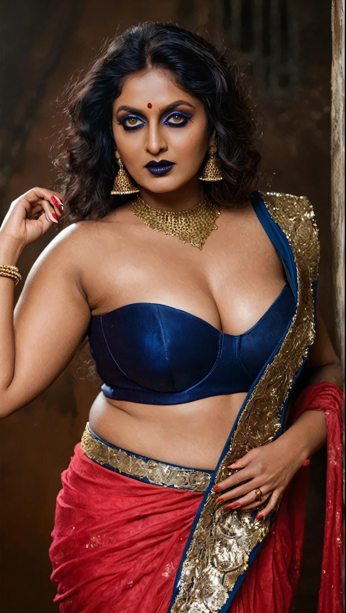 Looks like Aindrita Ray, full body Closeup shot, Big chubby aunty, milf, cougar lady witch, busty huge breast, slightly grey hair, horny Gothic milf, 70 years old gorgeous mature lady, pervert demoness, demoness of lust, curvy, black lips, horny face, extremely gorgeous, thick figure, heavy physique, voluptuous, curvy, sexy figure, Fashionable portrait of androgynous alien looking witch, glowing eyes, futuristic design, minimal details, givenchy, photoreal, 200mm, hd, f/ 2.0, highly detailed, surreal, sexy beautiful evil woman, sexy bold sequin Saree with strapless Bra, chudail, Pishachini, horror genre, blood-thirsty enchantress, powerful female spirit, eerie, drop dead, in the style of red and blue, (intricate details, hyperdetailed:1.15) (skin texture:1.2), dark Moody tone, cinematic lighting, haunted place in background, photorealistic,photo,realism, Getty Images, RAW candid cinema, 16mm, colour graded portra 400 film, remarkable colour, ultra realistic, textured skin, remarkable detailed pupils, realistic dull skin noise, visible skin detail, skin fuzz, dry skin, visible skin details and pores