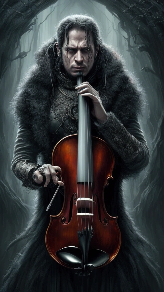 arafed image of a man playing a violin in a dark room, fantasy violin, kerem beyit, just art for dark metal music, dark but detailed digital art, 8 0's style tomasz alen kopera, (fantasy violin), tomasz alen kopera and cgsociety, dramatic artwork, stefan gesell, by Slawomir Maniak