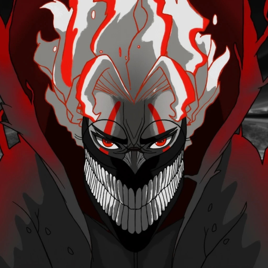 an evil looking man, with a scary smile and intense red eyes. The background should be dark and gloomy,  a mysterious and unsettling atmosphere that aligns with the phonk style."