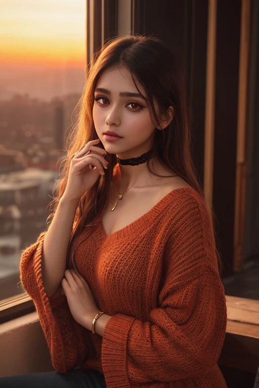 ****ung cute indian girl, very slim, skinny, redhead, rouge, red neck lace choker, cateyes makeup, colorful, oversize knit jumper, softcore, warm lighting, cosy atmosphere, Instagram style, red theme, upper body shot,(cinematic, black and red:0.85), (sunset beautiful background:1.3), sharp, dim colors