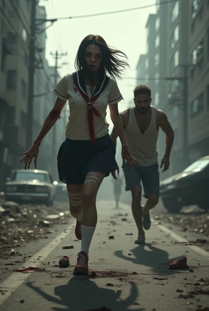 A boy and a girl, running together, with horrified face, and blood all over the face and body.