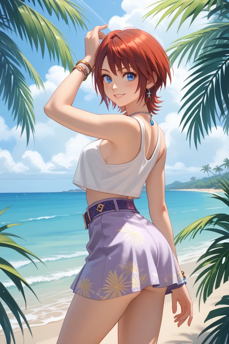 (masterpiece, best quality:1.2), <lyco:resortboin_iihara-10:0.8>, cowboy shot, solo, 1girl, iihara nao, smile, looking at viewer, hand on own chest, criss-cross halter, yellow shirt, denim skirt, pink thighhighs, striped thighhighs, beach