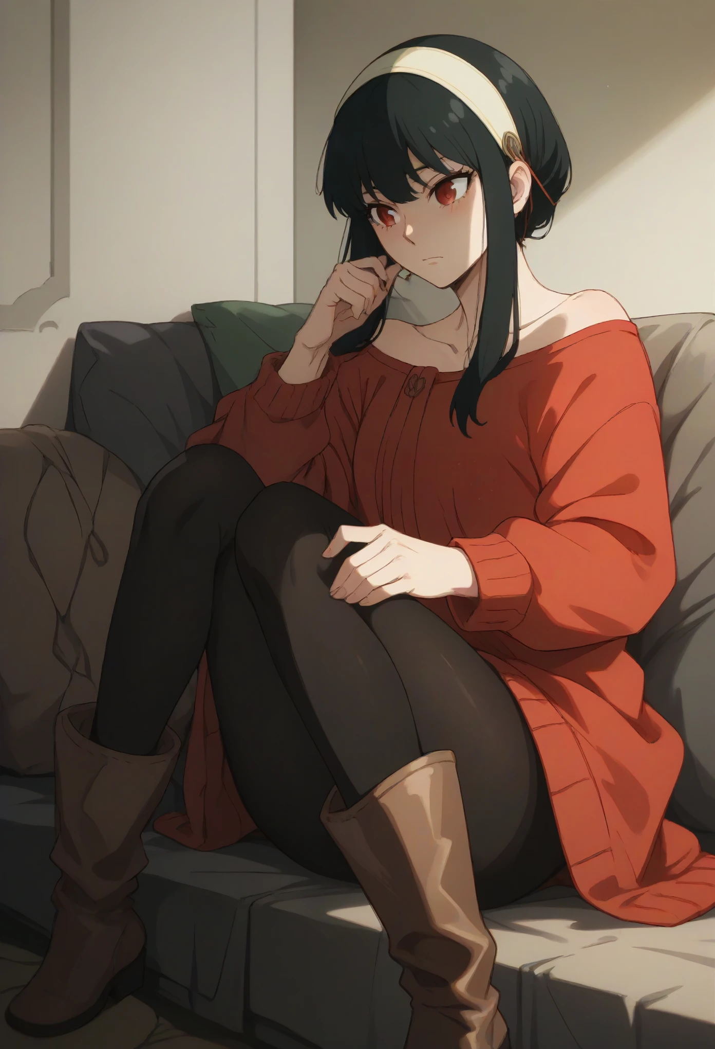 YorForger,1girl,black hair,red eyes,short hair with long locks, white hairband, off shoulder,red sweater, black pantyhose, boots,