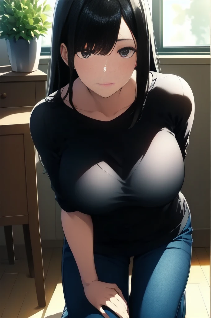 (black hair,large eyes,beige sweater,black slick stocking,tight over chest,kneeling pose,wooden floor,window behind,furniture visible),(best quality,4k,8k,highres,masterpiece:1.2),ultra-detailed,(realistic,photorealistic,photo-realistic:1.37),beautiful detailed eyes,beautiful detailed lips,extremely detailed eyes and face,long eyelashes,soft lighting,cozy atmosphere,interior design,modern furniture,afternoon sunlight,shadows on the floor,subtle gradients,sharp focus,physically-based rendering,vivid colors,bokeh,portrait,photography