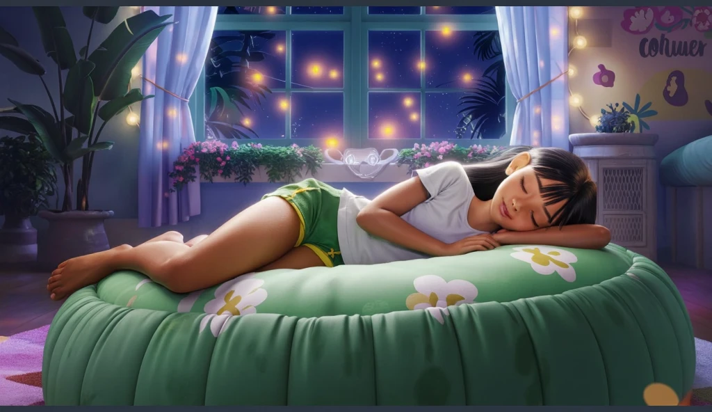 Inspired by Disney Pixar cartoons, create the FRONT VISION Inspired by Disney Pixar drawings and art, create the image of a girl lying down with her eyes closed, sleeping on a giant green floral pouf. She has straight, black hair down to her waist. She is a Brazilian Indian and has light brown skin. She is wearing a basic white t-shirt with no prints. Green shorts with yellow details pulled down between her legs draw attention to the place, which is very sensual. She is beautiful, sexy and seems to have spicy dreams because she is very sweaty. She is in a young bedroom with nature motifs as decoration. There are plants inside the bedroom along with LED lights that give it a very special touch. It is a feminine decoration with flowers and animals that resemble forest animals. In the background, there is a large window where you can see the light of the fireflies, the stars and the moon. The idea is to make it look like a promotional poster for Disney Pixar movies. The girl is beautiful, sensual, attractive, engaging, has a beautiful body, is hot. She is . She already draws attention for her beauty. Despite her body and development, the image has what it needs: sensuality to attract the public's attention.