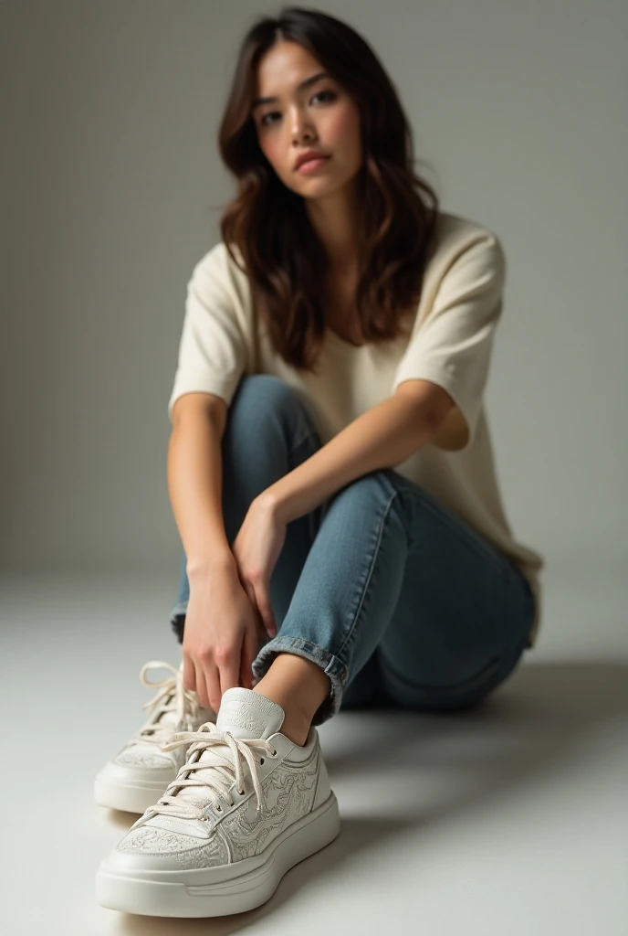 Woman in jeans and long sleeve t-shirt kneeling on the floor touching the floor with bend over slouch front view