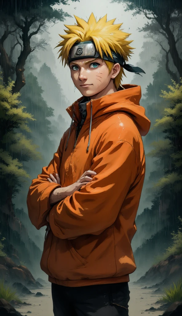 A realistic, vibrant depiction of Naruto Uzumaki standing in the rain with raindrops splashing around, his iconic spiky blond hair damp and his determined blue eyes gleaming with resolve. He wears an orange hoodie with wet fabric clinging to his body, and his headband with the Leaf Village symbol reflects a glistening raindrop. Background: a lush, dense forest under a heavy rainstorm, with water droplets capturing the light, giving an immersive, dramatic atmosphere.