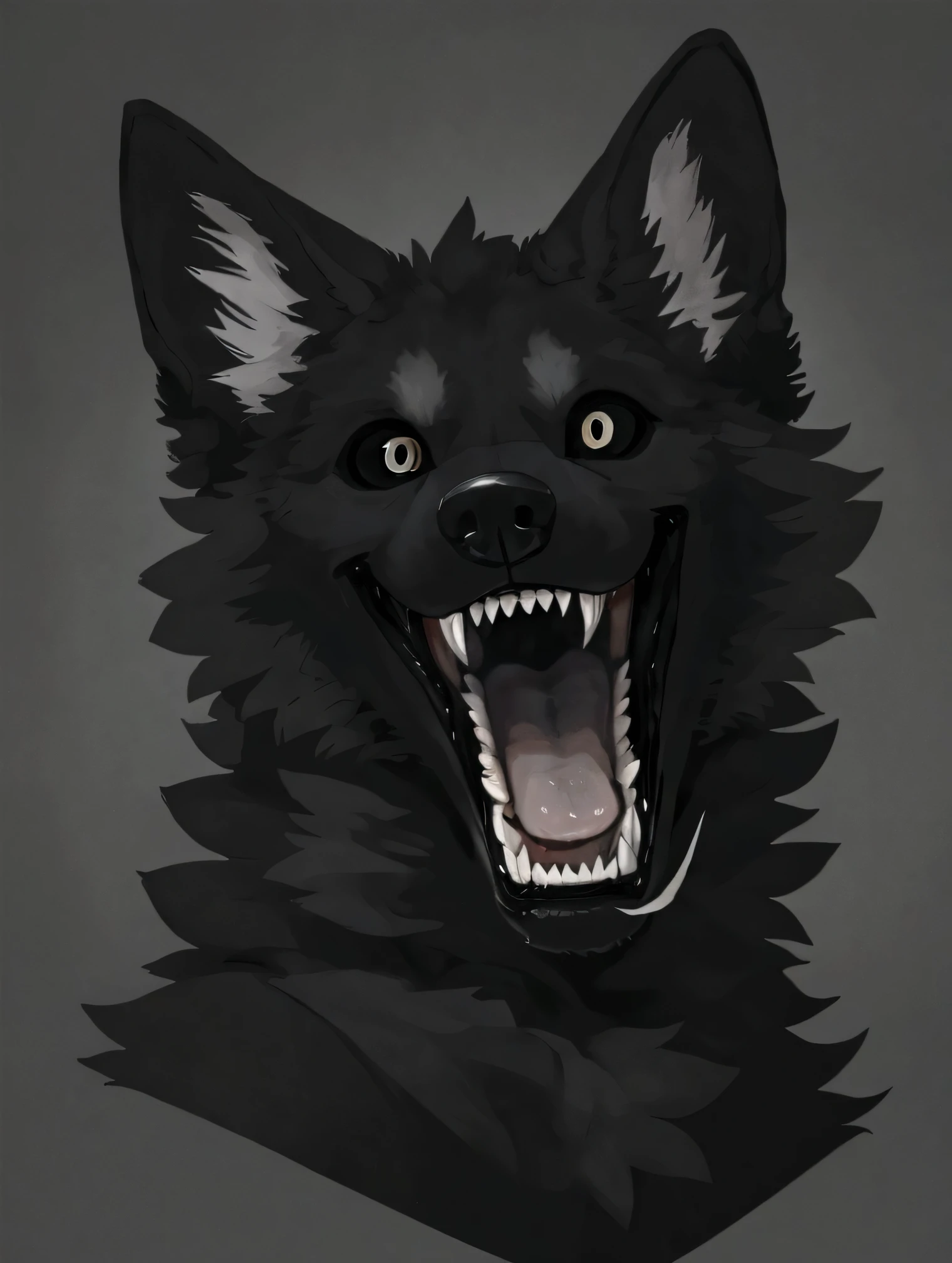 wolf, anthro, black fur:1.35, black body:1.35, happy expression, extremely unhinged, scary, smile, large canine teeth, black sclera, white pupil, looking at viewer, canine, half body, solid black background, full black background,