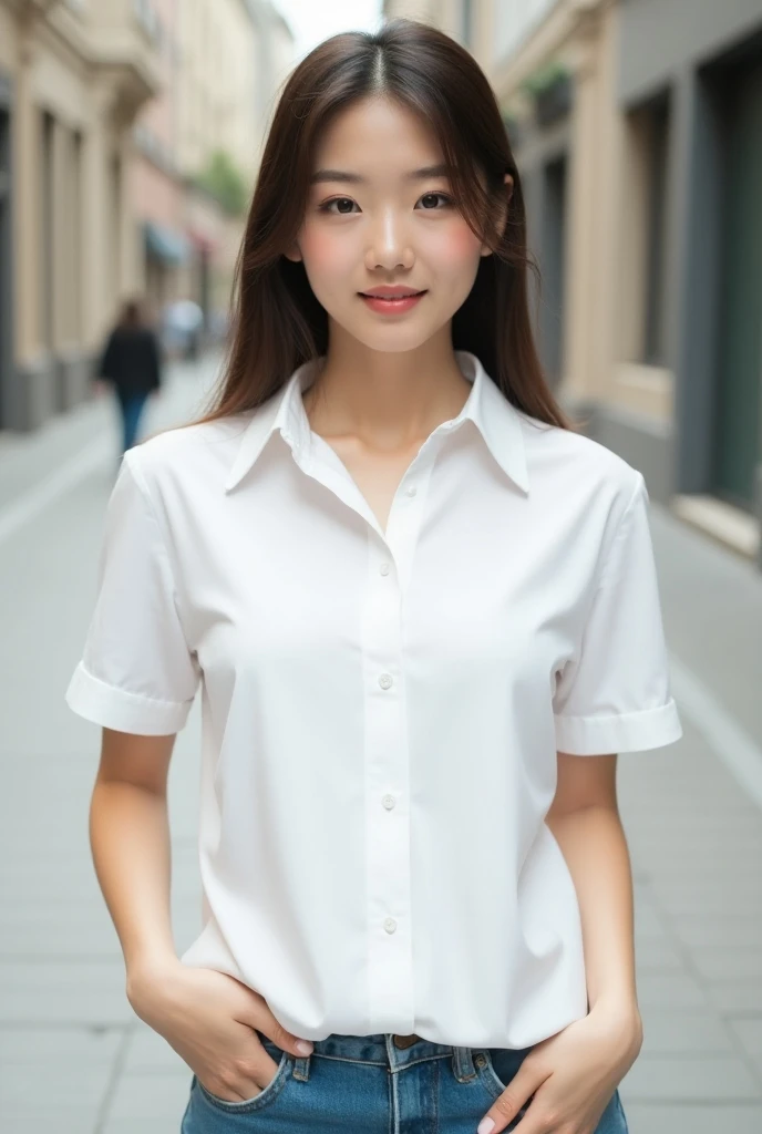 (8K、white shirt、skirt by the、A refreshing smile、top-quality、masterpiece:1.2)、1womanl、Collared shirt、tight skirts、inclined plane、setup、A smile、Staring at me、Japan at 21 years old、portlate、ultra-detailliert、top-quality、masterpiece、超A high resolution、(realisitic、Photorealsitic:1.4)、dark brown hair、Longhaire、inclined plane、Black eyes、above knee、Thin face、mideum breasts、wrist watch、耳Nipple Ring、Watch your audience、Beautiful detailed eyes、Skin Texture、Slim waist、beauty legs
