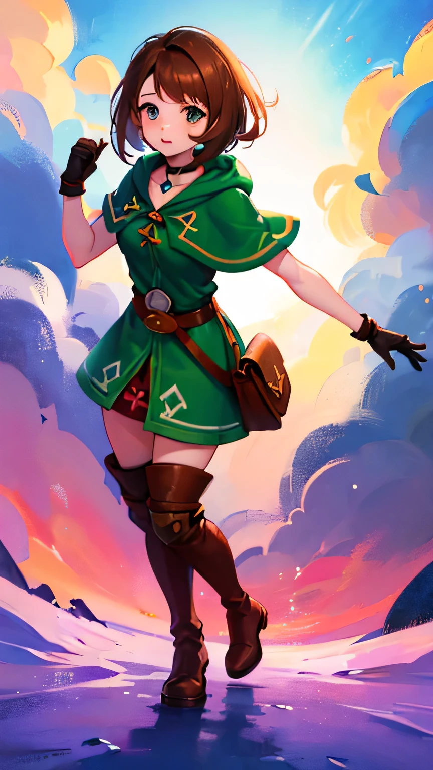 (masterpiece, best quality:1.2), 1girl, pokemon trainer gloria, scared face, looking at horizon, escaping from a enemies, medium brown hair, brown eyes, green capelet, green hood, leather gloves, skirt, thigh boots, choker, belt, medium breasts, full body, hyrule field breath of the wild, trident in righ hand, High Quality,