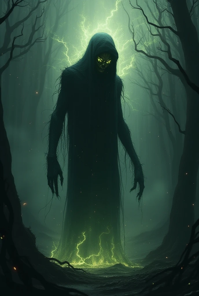 ((best quality)), ((masterpiece)), (detailed), A shapeless shadow with glowing green eyes emerged among the trees (monster) (very scare)