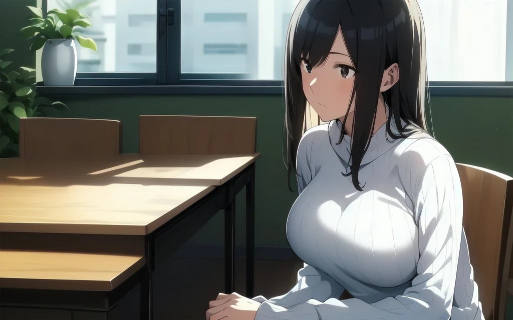 (black hair,large eyes,beige sweater,black slick stocking,tight over chest,kneeling pose,wooden floor,window behind,furniture visible),(best quality,4k,8k,highres,masterpiece:1.2),ultra-detailed,(realistic,photorealistic,photo-realistic:1.37),beautiful detailed eyes,beautiful detailed lips,extremely detailed eyes and face,long eyelashes,soft lighting,cozy atmosphere,interior design,modern furniture,afternoon sunlight,shadows on the floor,subtle gradients,sharp focus,physically-based rendering,vivid colors,bokeh,portrait,photography