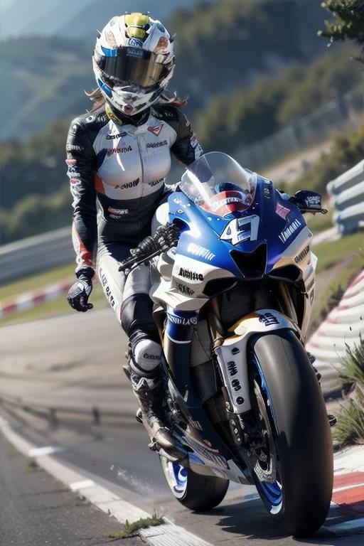 Yamaha R1Z, The Racer Girl, best quality, Ultra Wide Angle, small breasts,  Brown Skin, wearing Alpine Star racing boots,