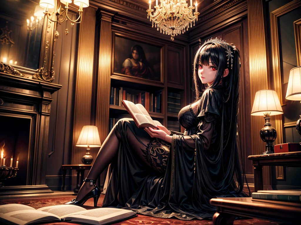 A maid with ebony colored skin, Her medium-sized breasts, thin waist, and long legs are meticulously maintains an impeccable figure not only for practicality but also to ensure she always looks alluring for her beloved master, she has long legs that encased in sheer black stockings, her hair is dark, her eyes is red, she always take care of her self immaculately, she is sitting on wooden tables, with a lamp on top of that tables, medieval settings, fantasy settings ((Retina)), masterpiece, anatomically correct, textured skin, super detail, high detail, high quality, best quality, highres, 4K, (Detailed Lights, Detailed Shadows), 1Woman, Close-up,half body Portrait, (Half Body), Extremely Detailed Clothes, Detailed Skin, Perfect Body,anime girl,best quality, absurdres, masterpiece, anime, high detailed, detailed shadow, half body, bust up, high detailed face and face parts, high detailed eyes and pupils