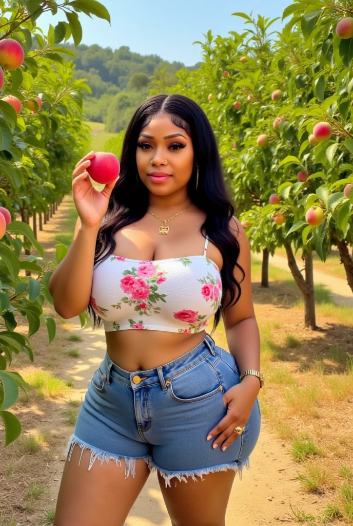 The image is a vibrant, high-resolution photograph of a woman standing outdoors in what appears to be an orchard, surrounded by lush green leaves and ripe peaches on a tree. The woman is of African descent, with medium-dark skin and long, wavy, dark brown hair cascading over her shoulders. She has a curvy physique, with a prominent bust and a full-figured lower body. She is dressed in a stylish, casual outfit: a white crop top adorned with small, yellow floral patterns and thin spaghetti straps, which highlights her ample cleavage. She is wearing high-waisted, loose-fitting blue denim shorts that cinch at the waist and flow down to a fringed hem, adding a boho vibe to her look. 

She holds a peach in her right hand, which she's lifting towards her face. Her makeup is natural, with a focus on her full lips and well-groomed eyebrows. She accessorizes with a gold pendant necklace, gold hoop earrings, and a wristwatch. The background features a vibrant, sunlit orchard with numerous peaches, their red and orange hues contrasting with the green leaves. The ground is covered in a mix of dry grass and dirt.