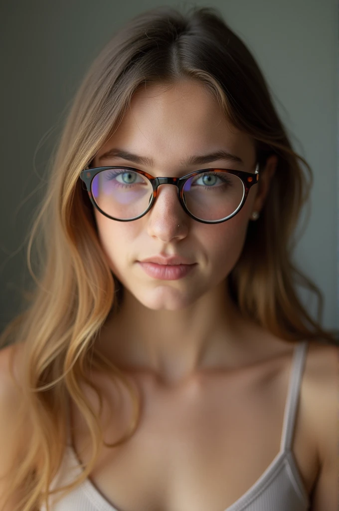 glasses, Sharp Focus, wo_angb01, (close-up:0.8), low key lighting, shot on Lumix GH5, cinematic bokeh, lace choker, (blue eyes:0.6), (simple background:1.2), teasing, detailed skin,<lora:woAngelinaB01:0.85>