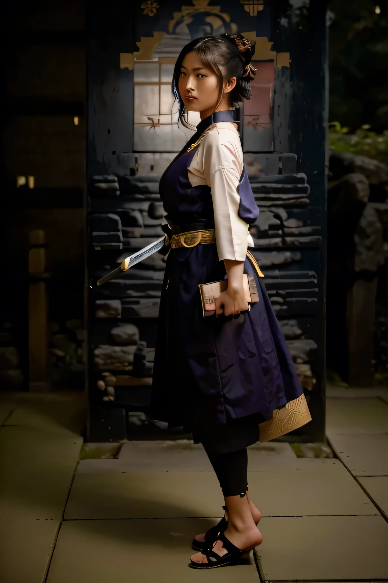 (Best quality, 8k, 32k, Masterpiece, UHD:1.2), "Picture a scene set in Ancient Imperial Japan, with a landscape steeped in history, elegance, and the noble spirit of the samurai. Traditional wooden structures with sweeping tiled roofs dot the scene, their eaves elegantly curving upward toward the sky. Ornate torii gates stand at the entrance of sacred temples, partially obscured by a thin veil of morning mist, which clings to the lush greenery surrounding the area. Cherry blossom trees line the pathways, their pink petals gently floating down, covering the ground in a soft, pastel carpet.
On a quiet cobblestone path, samurai in full traditional armor walk with purpose, their katana sheathed at their sides, exuding an air of honor and discipline. Some are clad in lacquered armor with detailed crests, representing their clans, while others wear more subdued garments, signaling a range of warriors from high-ranking retainers to traveling ronin. The quiet hum of bamboo forests and gentle streams fill the air, creating a sense of calm and reverence.
In the background, Mount Fuji rises majestically, shrouded in low clouds, providing a serene yet powerful backdrop to this timeless setting. Lanterns flicker softly, casting warm light over the ancient architecture, bringing Imperial Japan’s history and the samurai code to life in a beautifully evocative scene."