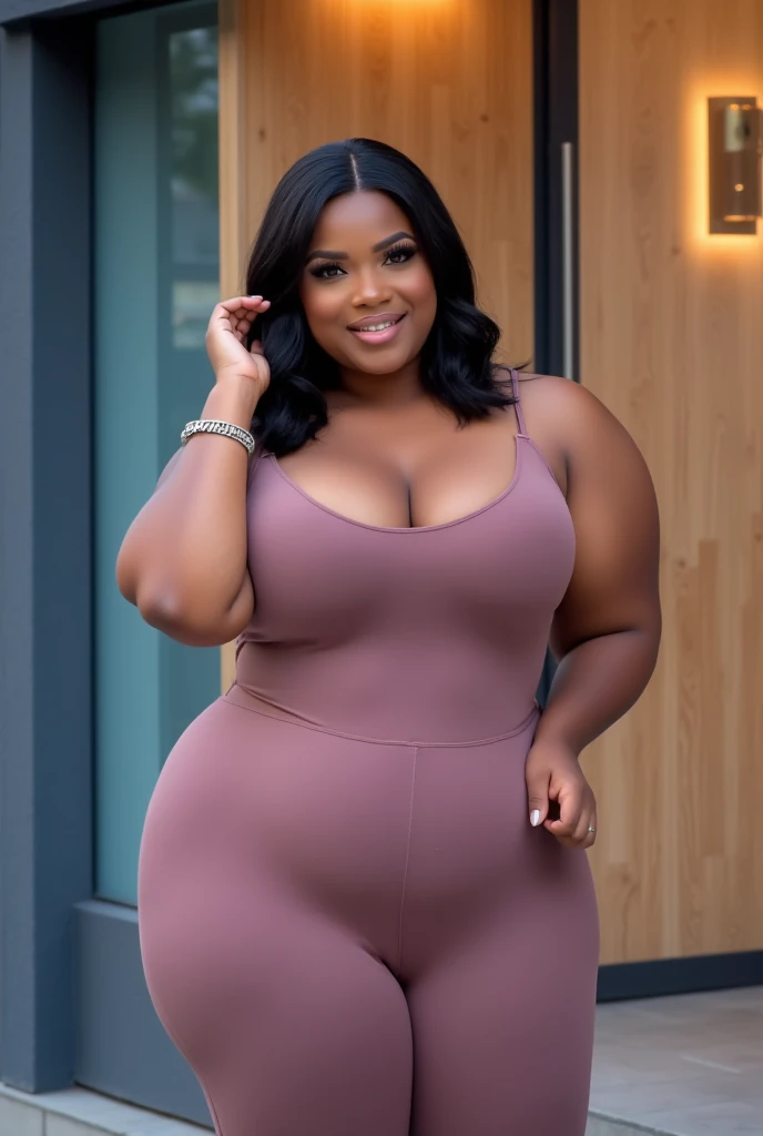 The image is a high-resolution photograph of a woman standing in front of a modern, minimalist building with wooden paneling. The woman is a woman of African descent with a curvy, voluptuous physique. She has a medium-dark skin tone, straightened black hair styled in a sleek, shoulder-length bob, and wears a fitted, mauve-colored, high-waisted jumpsuit with a halter neckline. The jumpsuit is made of a soft, stretchy material and has a high slit on one side, accentuating her thick thighs and wide hips. She has a large bust, which the tight fit of the jumpsuit emphasizes. Her makeup is bold, featuring dark eyeliner, mascara, and a nude lip color. She accessorizes with a silver bracelet on her left wrist. Her pose is confident and slightly provocative, with her right hand lightly touching her hair and her left hand resting on her hip. The background features a vertical, textured wooden panel wall with a blue-gray wall on the left side and a metallic, possibly glass, panel on the right. The overall setting appears to be an urban, contemporary environment, possibly an art gallery or trendy cafe. The lighting is warm and even, casting minimal shadows.