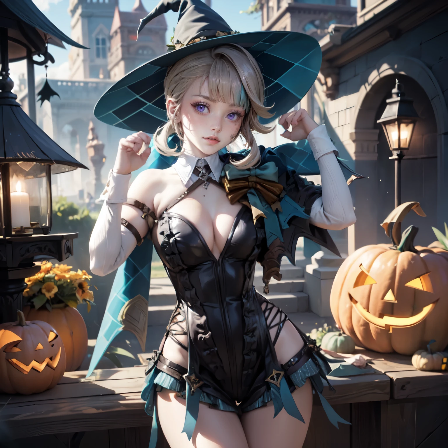 Lynette_(genshin impact), 1girl, dress, jewelry, blonde hair, glow hair, flowing hair, ahoge, armpits, witch hat, witch costume, bare shoulders, glow eyes, witch costume for Halloween, Halloween theme, chest sarashi, claw pose, tassel, collarbone, cowboy shot, cute ghost, hair between eyes, hair intakes, halloween, halloween costume, huge ahoge, long hair, looking at viewer, midriff, multicolored hair, witch dress, witch hat on her head, smile, solo, stomach, strapless, streaked hair, thigh gap, thighs, tube top, very long hair, pumpkin lantern, candle, cemetery scenery 