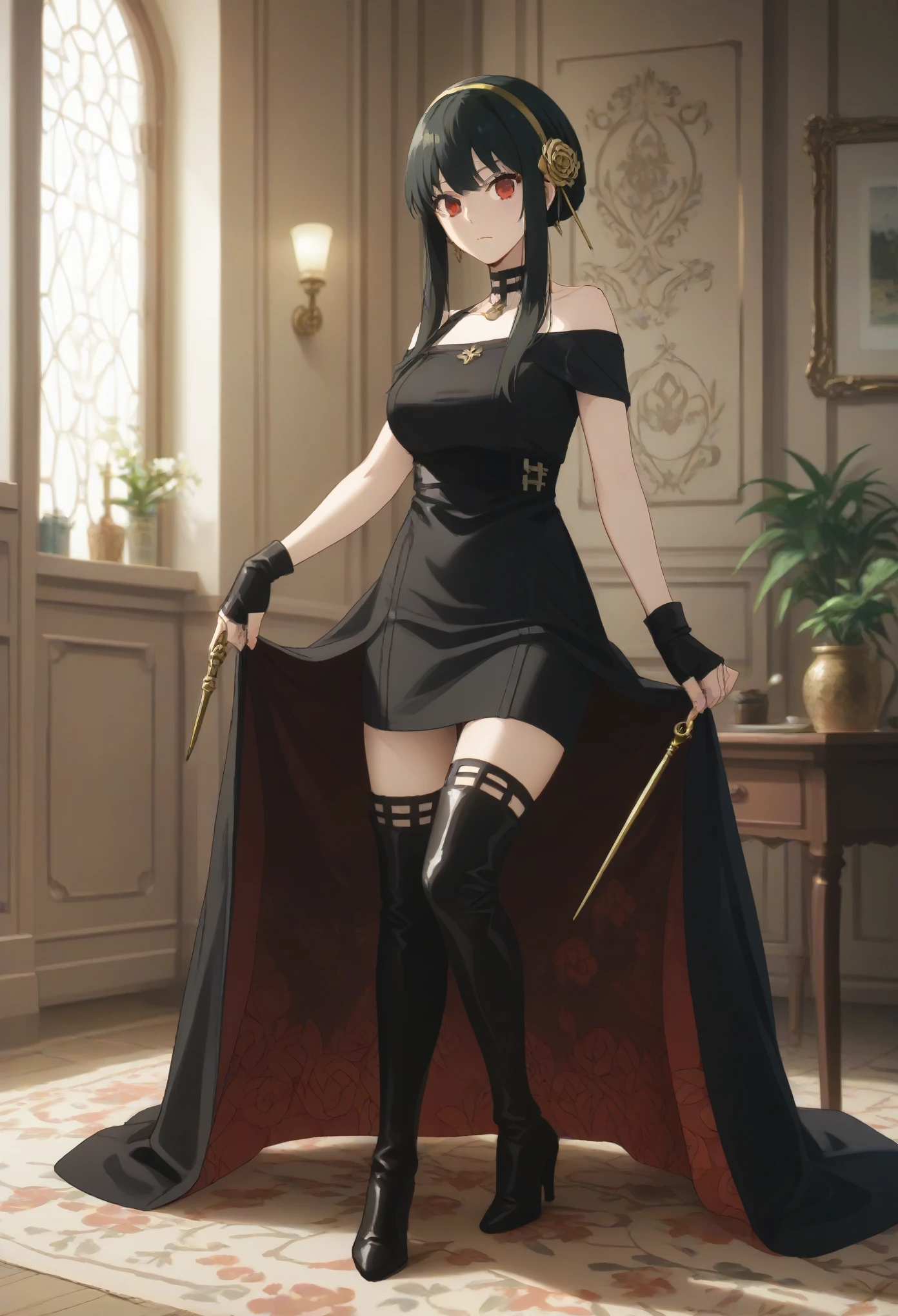 YorForger,1girl,black hair,red eyes,short hair with long locks, gold hairband,hair flower, black choker, black dress,sleeveless,off shoulder, floral_print, fingerless gloves, black footwear,thigh high heel boots,
holding dagger,big breast