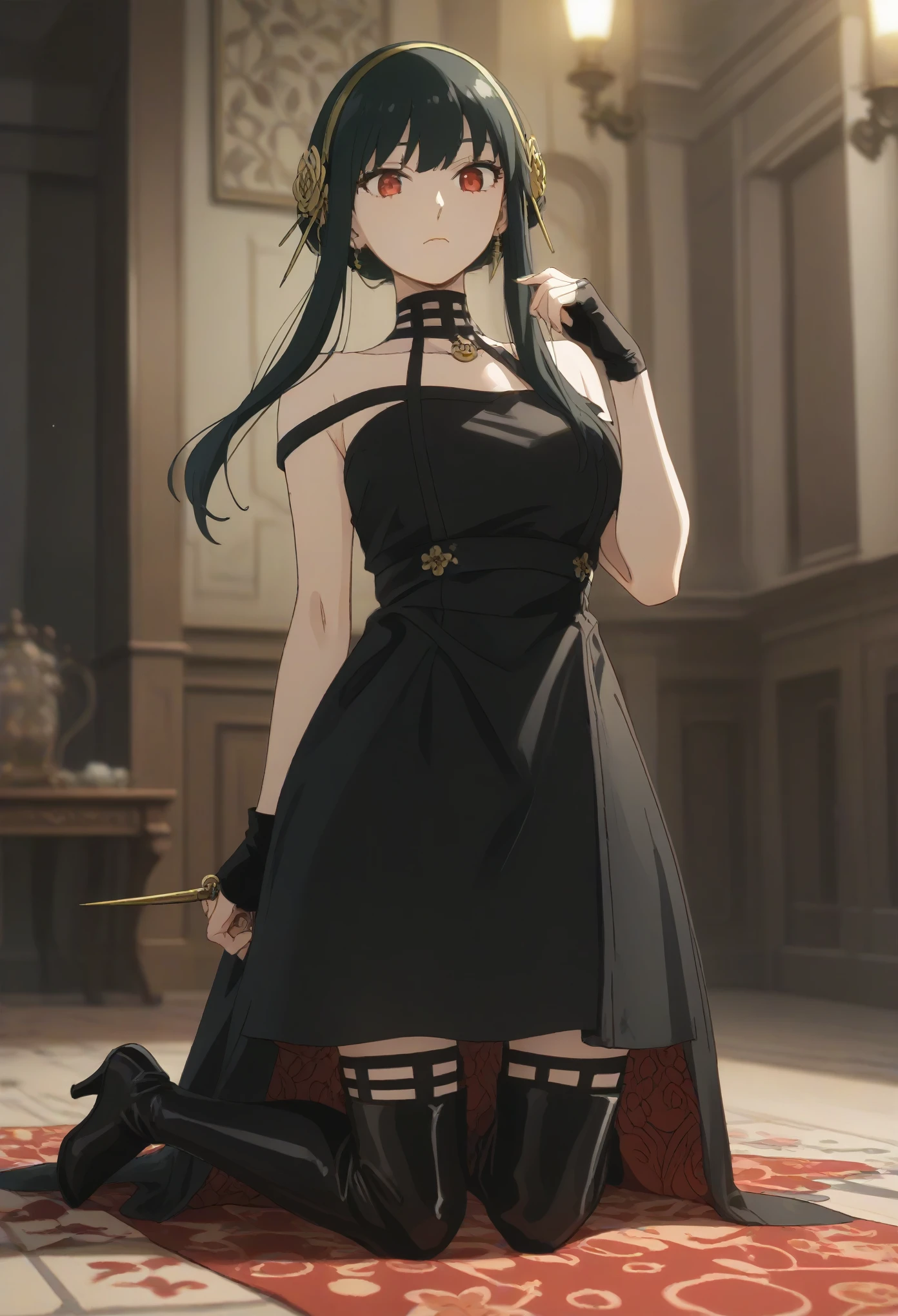 YorForger,1girl,black hair,red eyes,short hair with long locks, gold hairband,hair flower, black choker, black dress,sleeveless,off shoulder, floral_print, fingerless gloves, black footwear,thigh high heel boots,
holding dagger,big breast