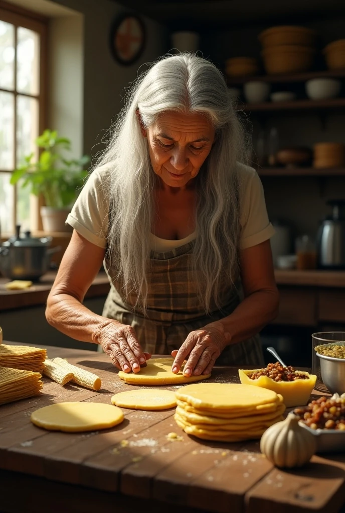 In vegitable tamato home, An old pour grand mother, making a bead with gauvava fruit, a beautifull sunlite comes on window, many horce are sitting in the tamato home,