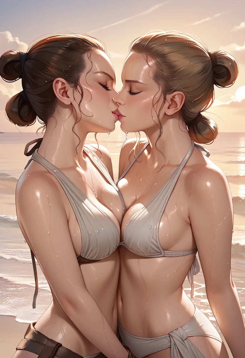 score_9, score_8_up, score_7_up, score_6_up, 1girl, rey skywalker,  clothes, ((bikini)), beach background, ((cleavage)), ((wet)), (kissing naked girl)
