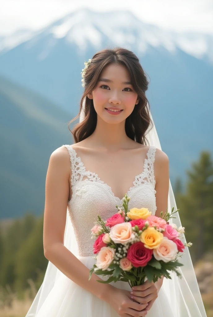 (8K,Raw photo、Raw photo、top-quality、Master masterpiece:1.2)、ultra-detailliert、Super Resolution、(Photorealsitic:1.3)、Angle to shoot from the front、Clearly draw shades of light、high resolution RAW color photos、professional photograpy、Same skin type as humans、Female proofreading of Japan from head to waist、Blur the background、Draws faithfully to anatomy、Very detailed and beautiful、Ultra-high image quality、long、Hair swaying and sexy、Very detailed beautiful girl、(Pink Eye Shadow)、smil、Park on a sunny day、Loosely curly hair、Flower Dresses、Bouquet of roses、florals、
