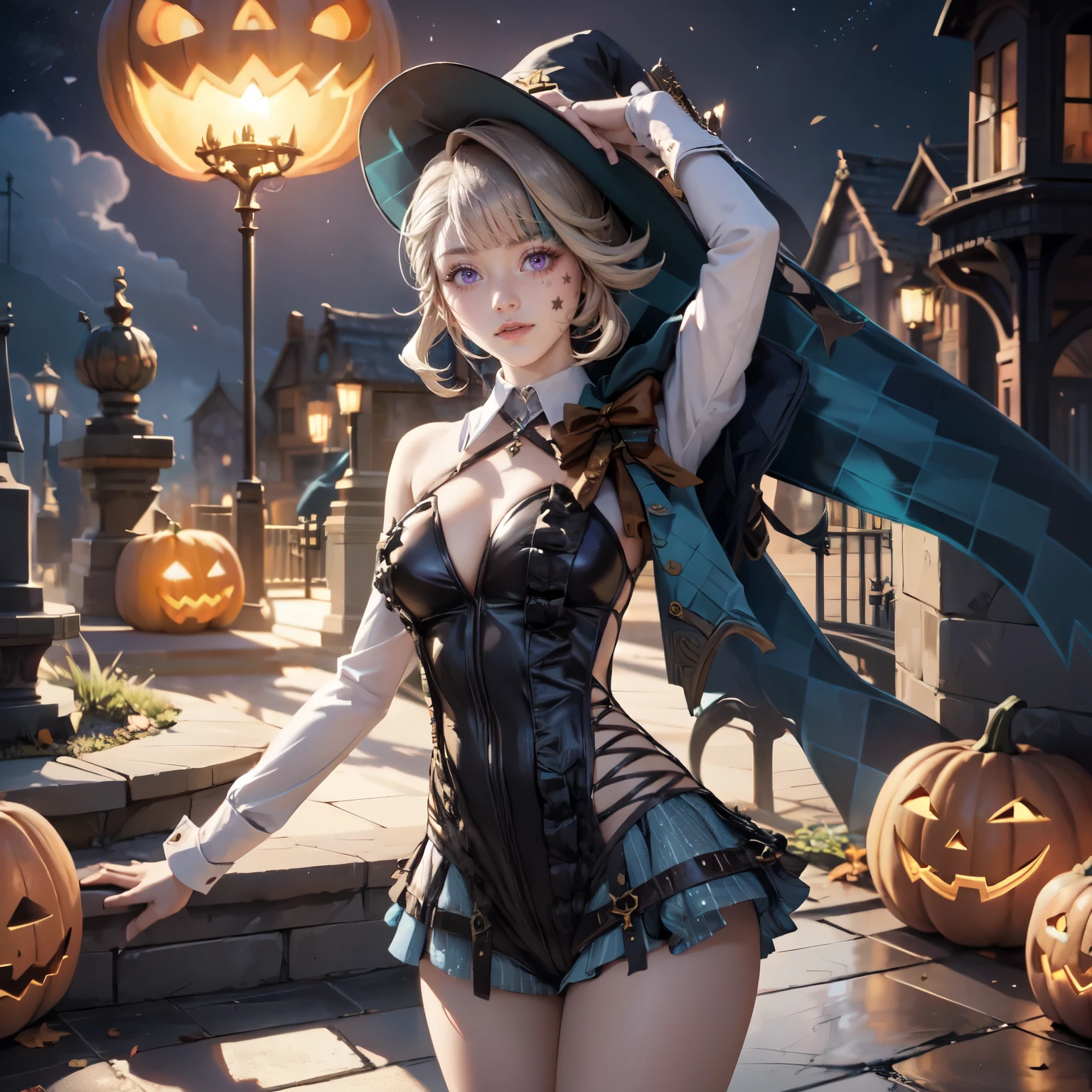 Lynette_(genshin impact), 1girl, dress, jewelry, blonde hair, glow hair, flowing hair, ahoge, armpits, large witch hat, witch costume, bare shoulders, glow eyes, witch costume for Halloween, Halloween theme, chest sarashi, claw pose, tassel, collarbone, cowboy shot, cute ghost, hair between eyes, hair intakes, halloween, halloween costume, huge ahoge, long hair, looking at viewer, midriff, multicolored hair, witch dress, witch hat on her head, smile, solo, stomach, strapless, streaked hair, thigh gap, thighs, tube top, very long hair, pumpkin lantern, candle, cemetery scenery 