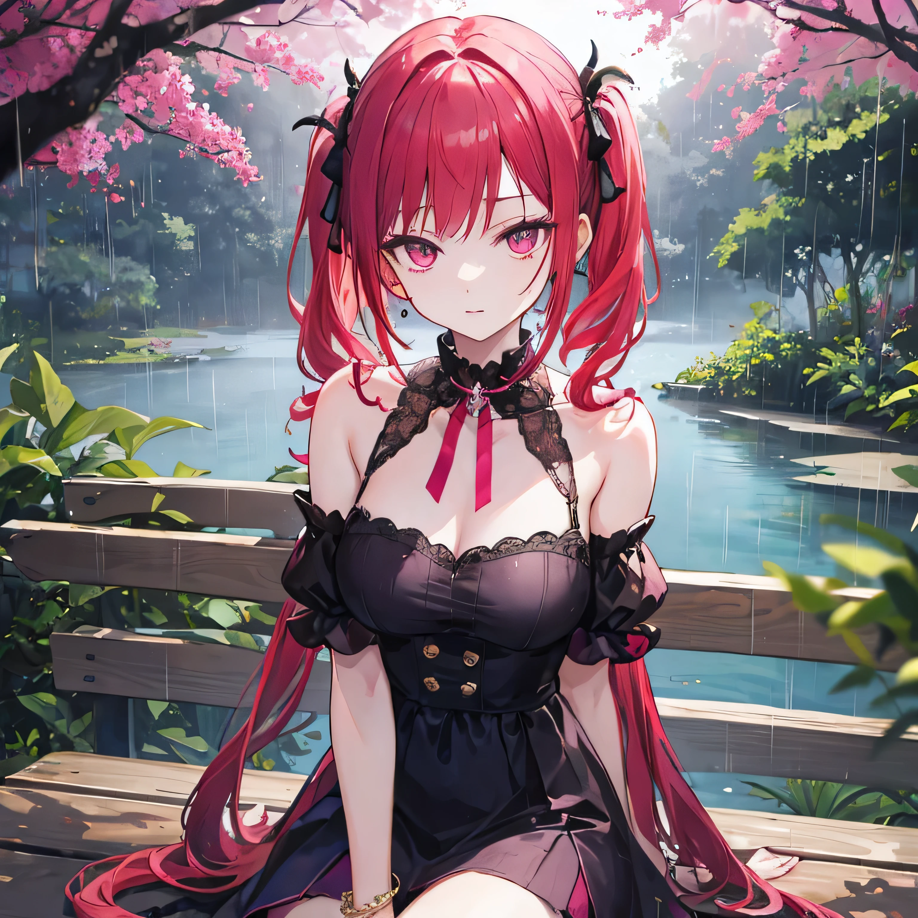 high angle,from above,cleavage,(wearing elegant red frame glasses),
(beautiful pink and green butterflies and dragonflies all over the place),colorful flowers,fantasy beams and lights,
((masterpiece:1.4, best quality)), ((masterpiece, best quality)),((beautiful pony tail red hair,beautiful red eyes,little cute girl)),wet full body, bathing in the water,water falls,water splash,lovely laugh,((sexy red lolita gothic mini dress)),elegant red and white hat, ((black and red elegant string tied summer bikini)), (Lace chalker, wristband, diamond necklace,earrings),cinematic lighting and pause,beautiful natural mysterious park,night sky,full moon,(beautiful pink and red butterflies and dragonflies all over the place),