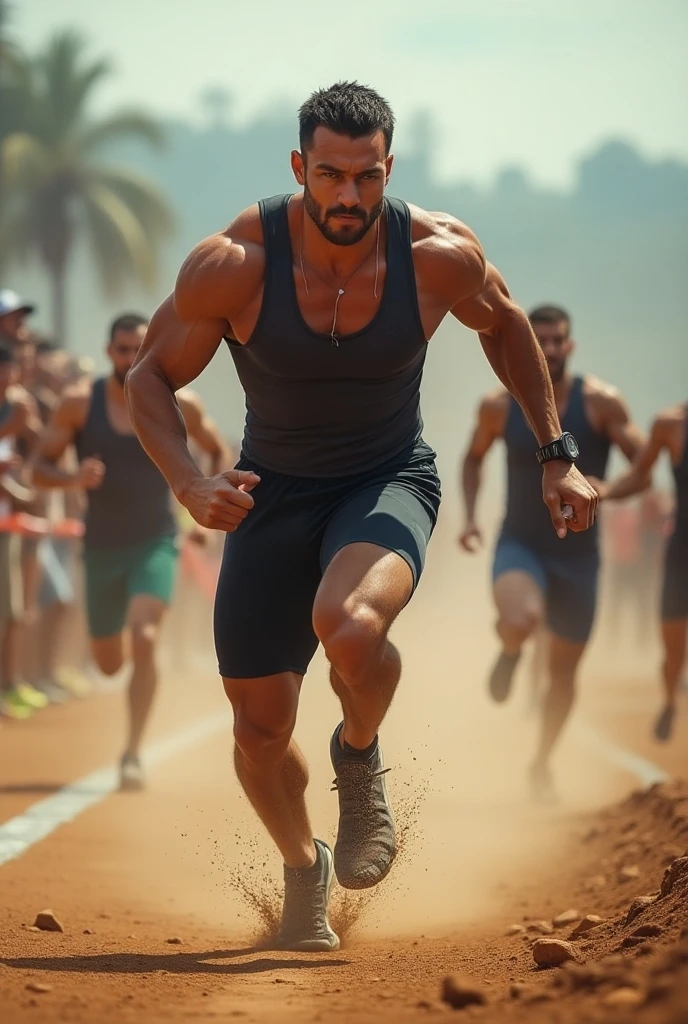 Very sweaty muscular CrossFit man running away from men trying to grab his scared naked face 