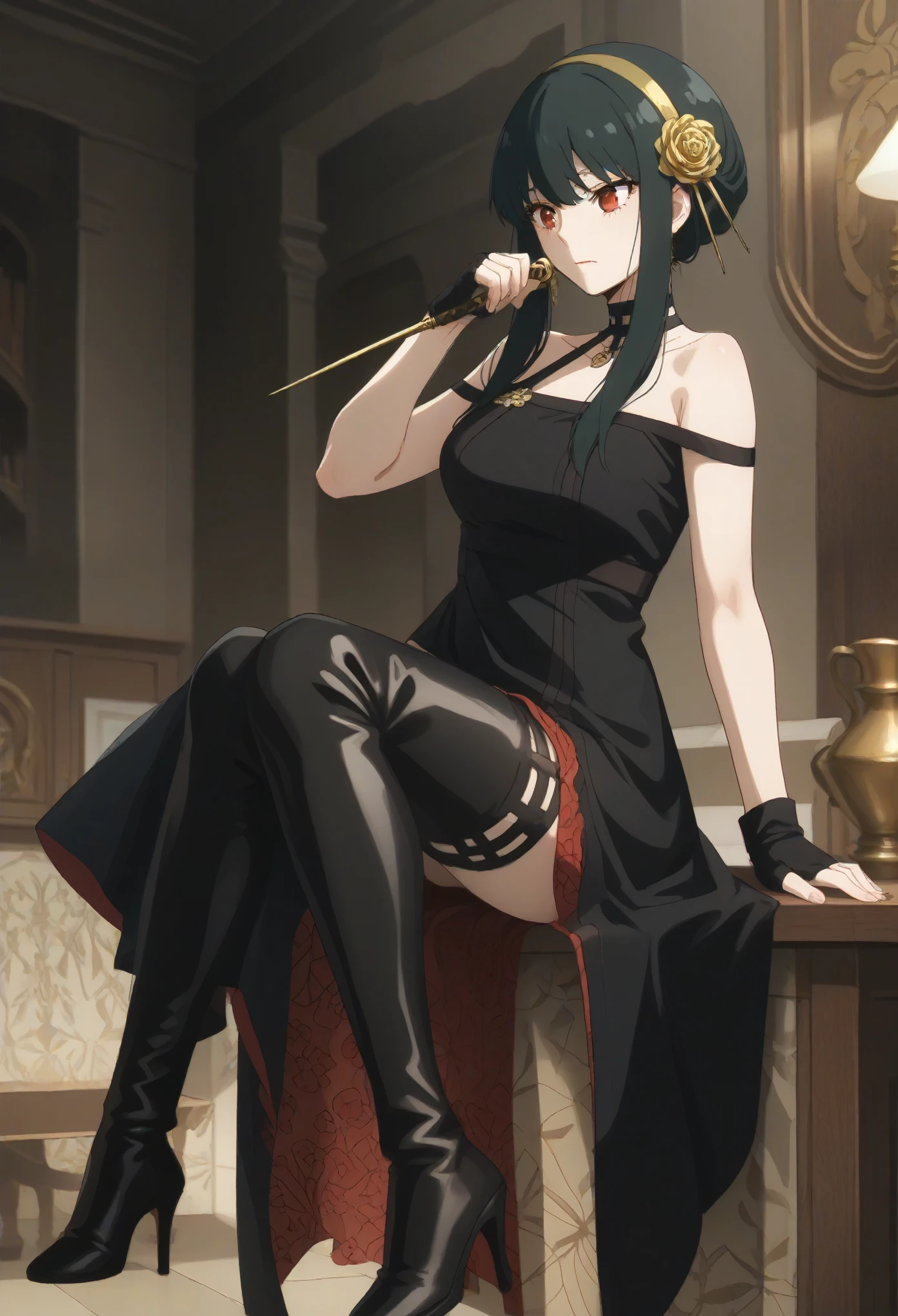 YorForger,1girl,black hair,red eyes,short hair with long locks, gold hairband,hair flower, black choker, black dress,sleeveless,off shoulder, floral_print, fingerless gloves, black footwear,thigh high heel boots,
holding dagger,big breast