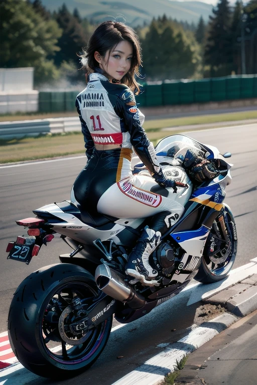 Yamaha R1Z, The Racer Girl, best quality, Ultra Wide Angle, small breasts,  Brown Skin, wearing Alpine Star racing boots,