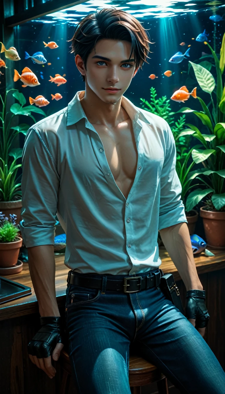 (score_9, score_8_up, score_7_up) man ((with dark gray eyes)),  black short hair , in a white shirt unbuttoned at the chest, with a holster , shirt tucked into black jeans,  in his arms he wears black fingerless leather gloves,  sits on a chair in a very dark room with  (full-wall aquarium ,  A beautiful blue elite aquarium , with little fishes), esthetically pleasing, beautiful, realistic, close-up, professional photo, 4K, high resolution, high detail, 30mm lens, 1/250s, ISO 100, pixel graphics, bright lighting,