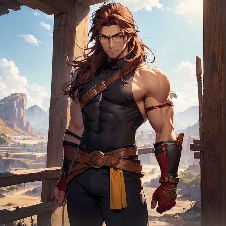 Realistic image of a handsome, strong man, long brown hair, brown eyes, dressed in black alchemist style costumes with a black blouse underneath, anime character style art, fighter posture, angry, hallway of a palace with rubble