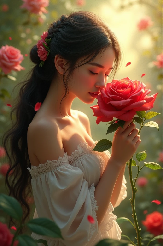 Close-up of a woman holding a bouquet of flowers, beautiful black rose anime girl, short jeans costume hot white three-hole t-shirt with sun-lit black rose garden, realistic cute girl painting, by Yang J, guweiz style artwork, beautiful character painting, beautiful digital illustration, beautiful painting, a beautiful illustration artwork, by Li Song, beautiful digital artwork, beautiful digital painting, guweiz