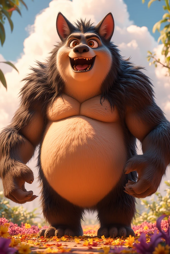  A huge humanoid being in the form of a cartoon with wolf ears and a dumb bear. He must be nice but have fangs and claws .  He must have a lot of fur on his hands and feet and a baby bump with a visible navel 